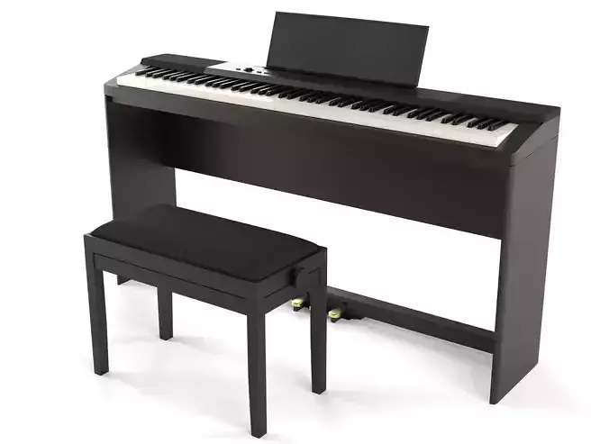 Digital black piano keyboard with piano bench