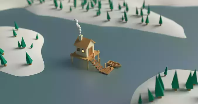 low poly house on lake