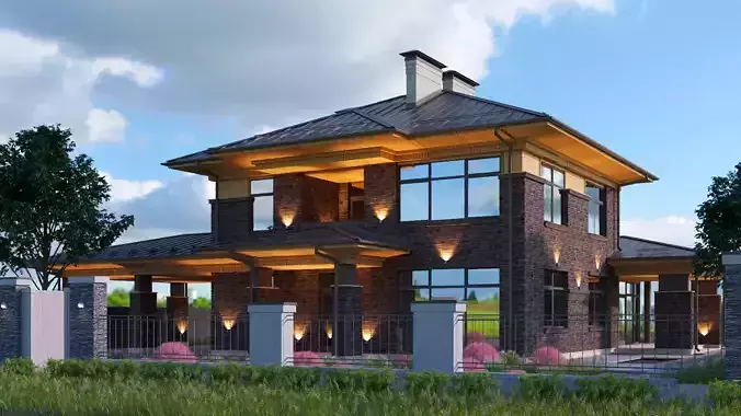 Model of a wright-style house with a carport 3D model