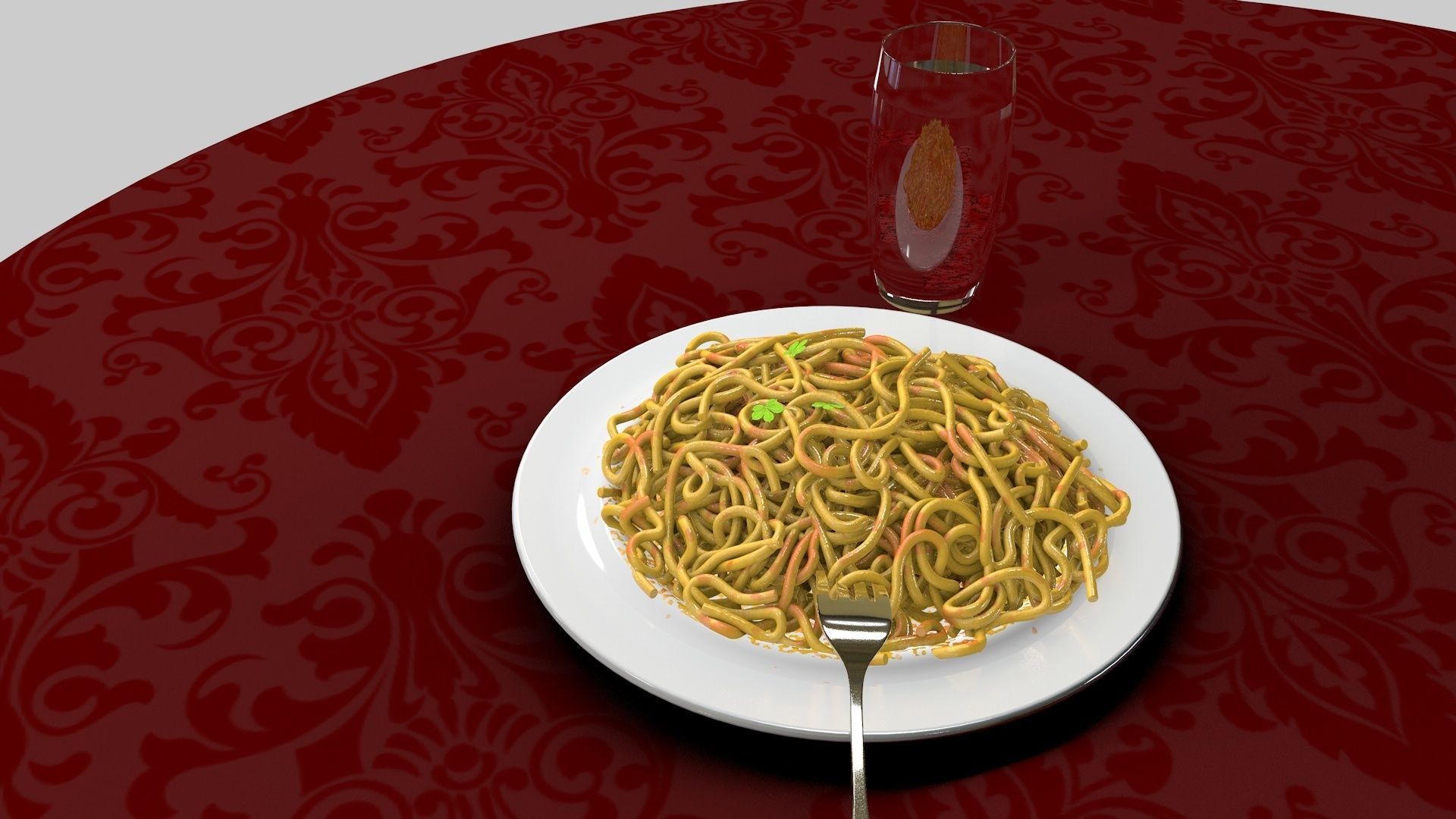 Spaghetti - Pasta With Fork and Glass of Water 3D model_1