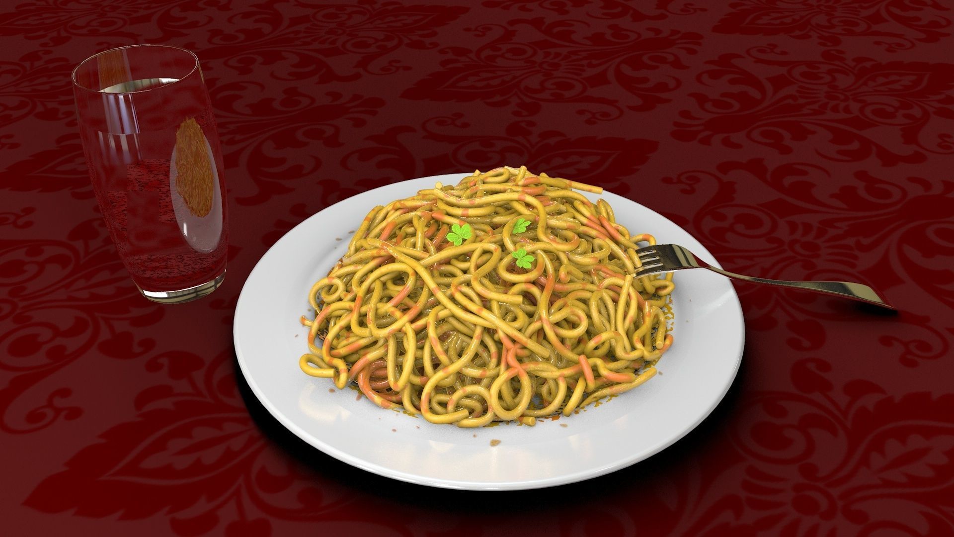 Spaghetti - Pasta With Fork and Glass of Water 3D model_2