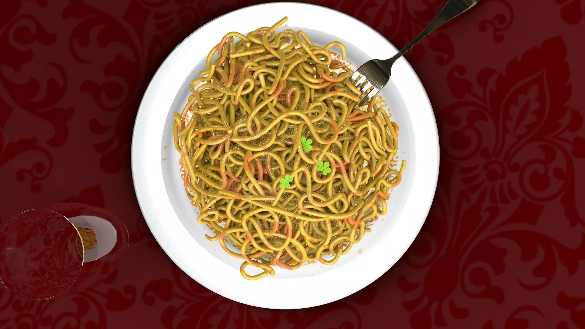 Spaghetti - Pasta With Fork and Glass of Water 3D model_0