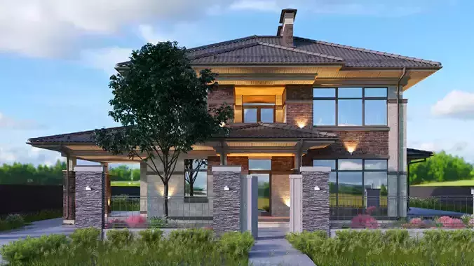 Model of a Wright-style house with a carport for one car 3D model