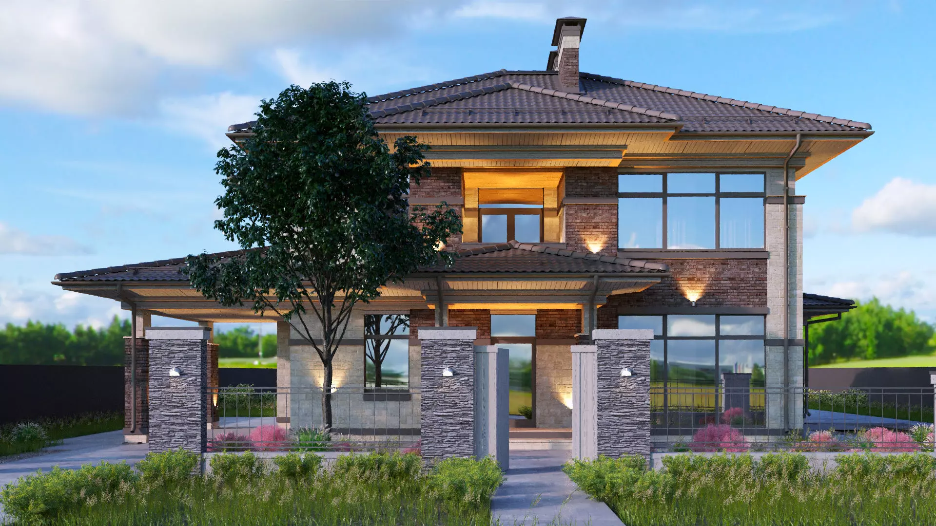 Model of a Wright-style house with a carport for one car 3D model_0