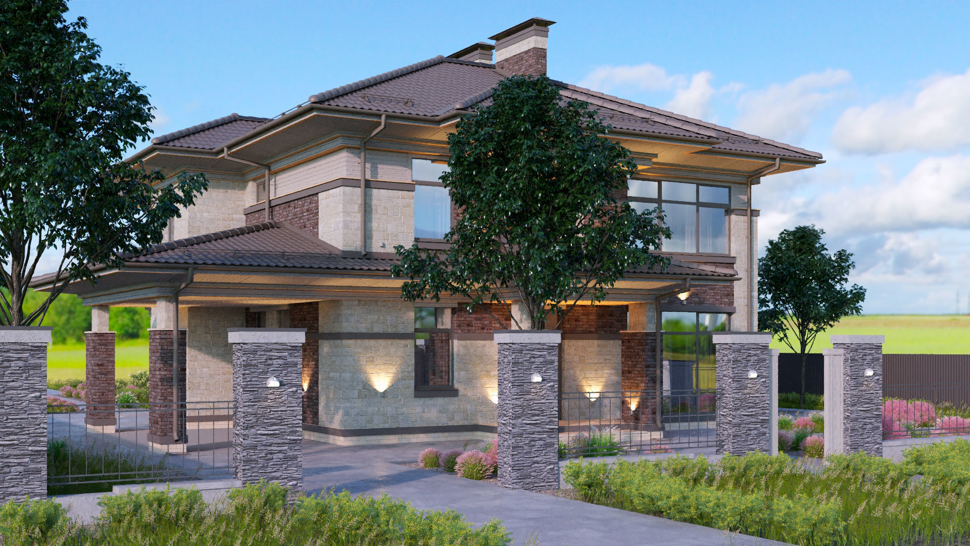 Model of a Wright-style house with a carport for one car 3D model_5