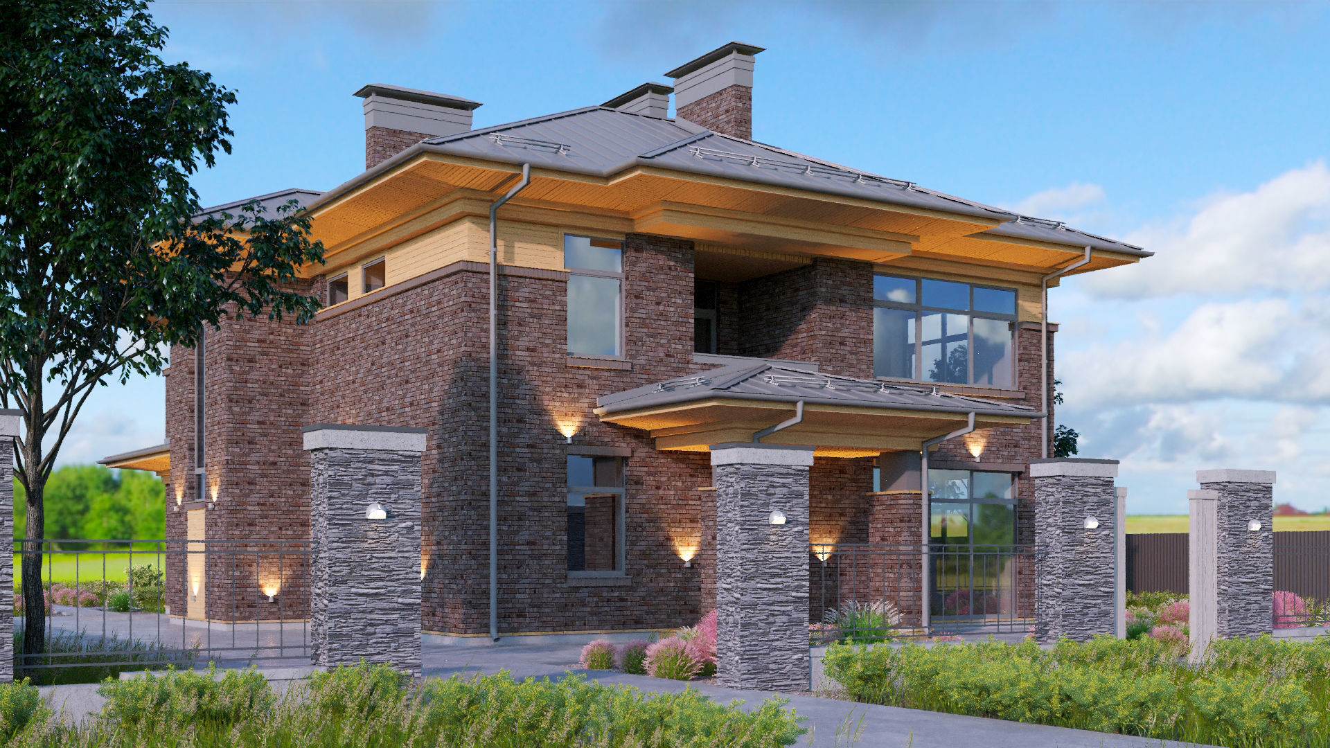 Wright-style apartment building with a raised roof 3D model_4