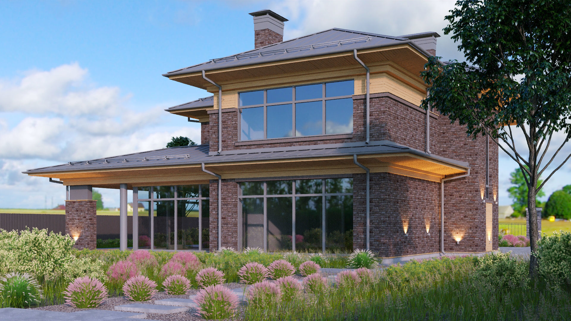 Wright-style apartment building with a raised roof 3D model_6