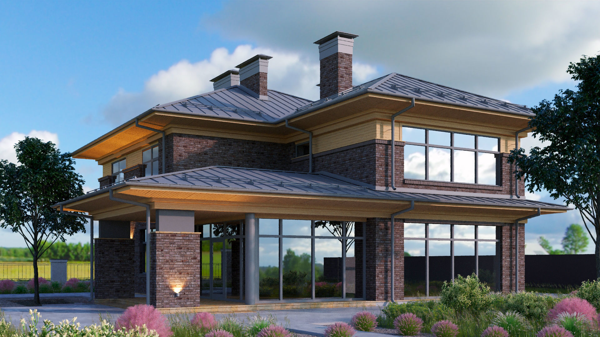 Wright-style apartment building with a raised roof 3D model_5