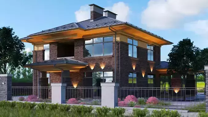 Wright-style apartment building with a raised roof