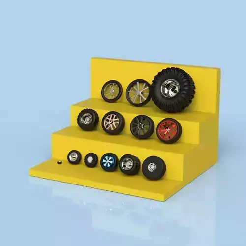 Tire collection set of wheels on shelf