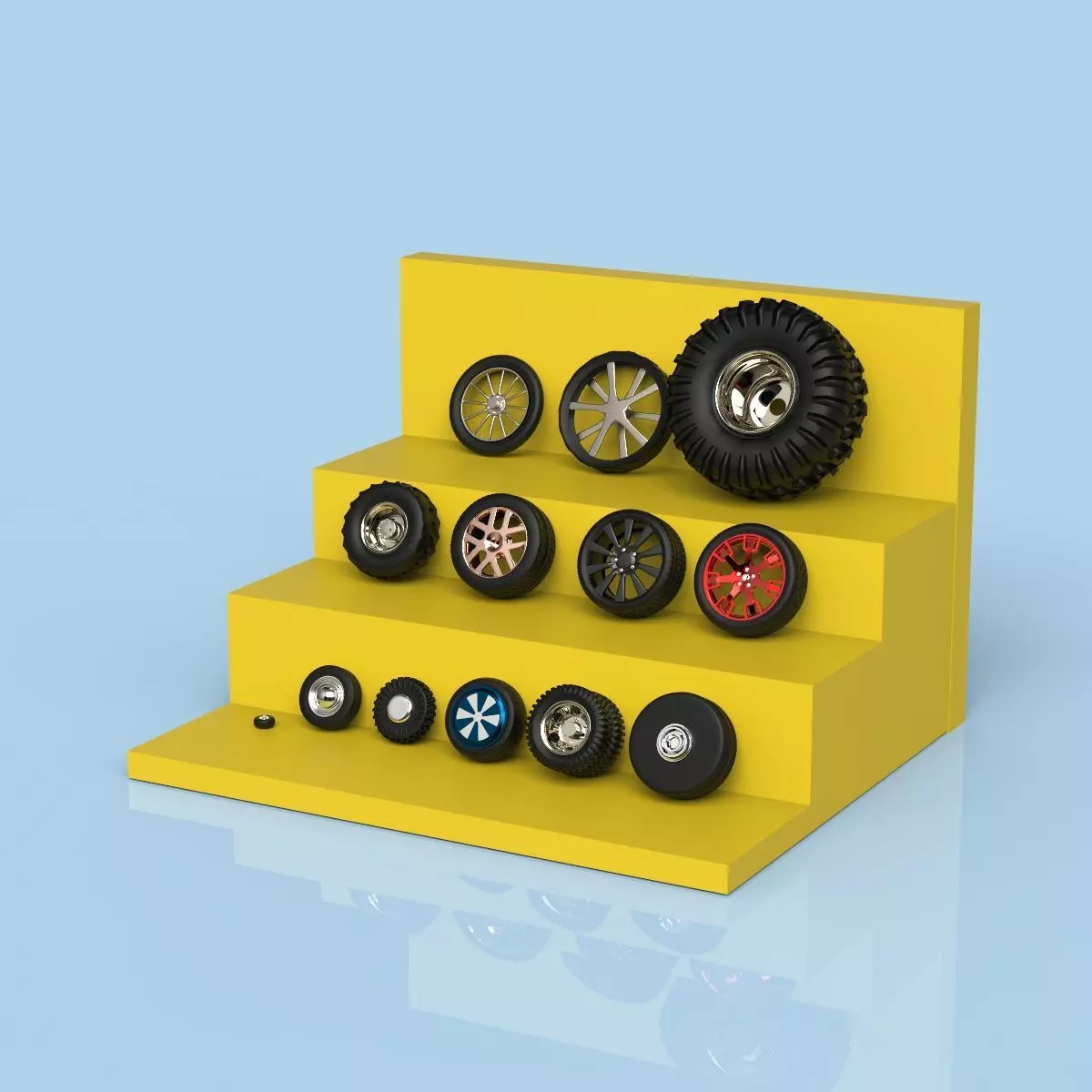 Tire collection set of wheels on shelf 3D model