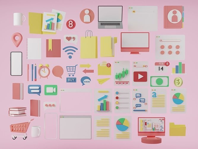 Set of 3d business stuffs that useful on the desk in office 3D model