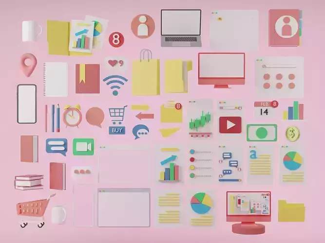 Set of 3d business stuffs that useful on the desk in office