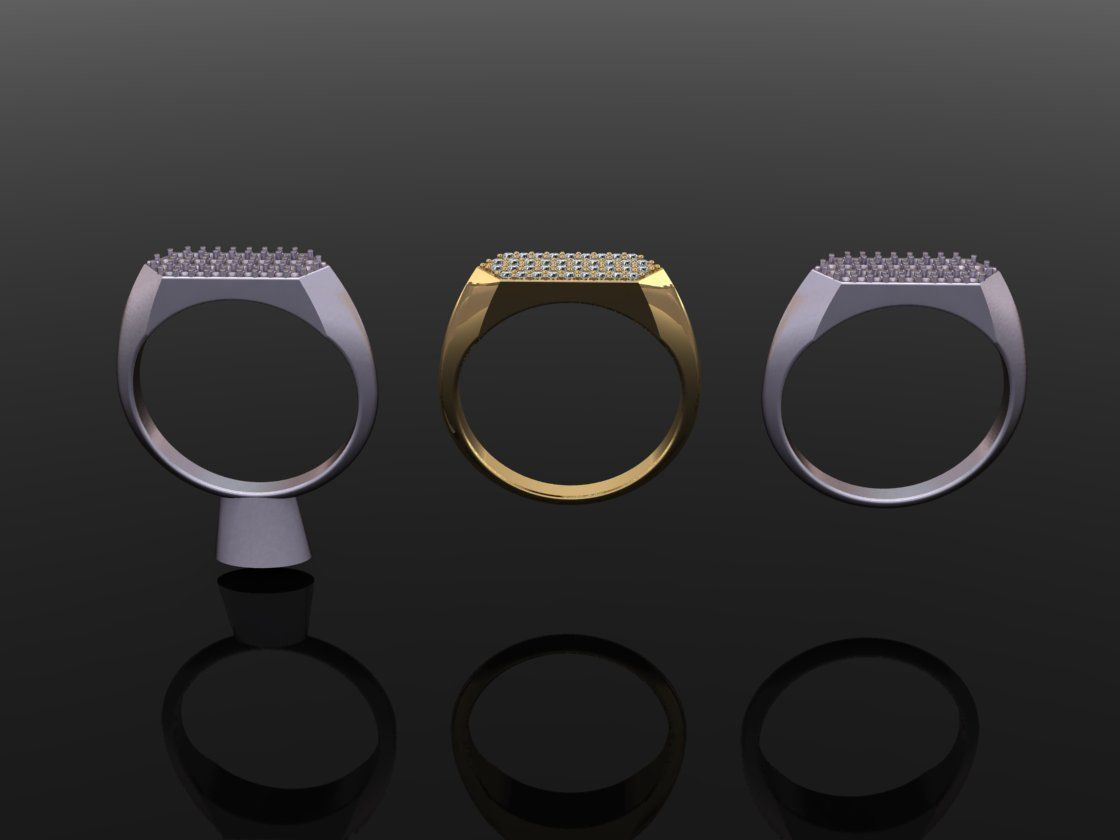 Narrow Bar Hexagon Diamond Cluster Band Signet Ring Mix Size 3D print model_2