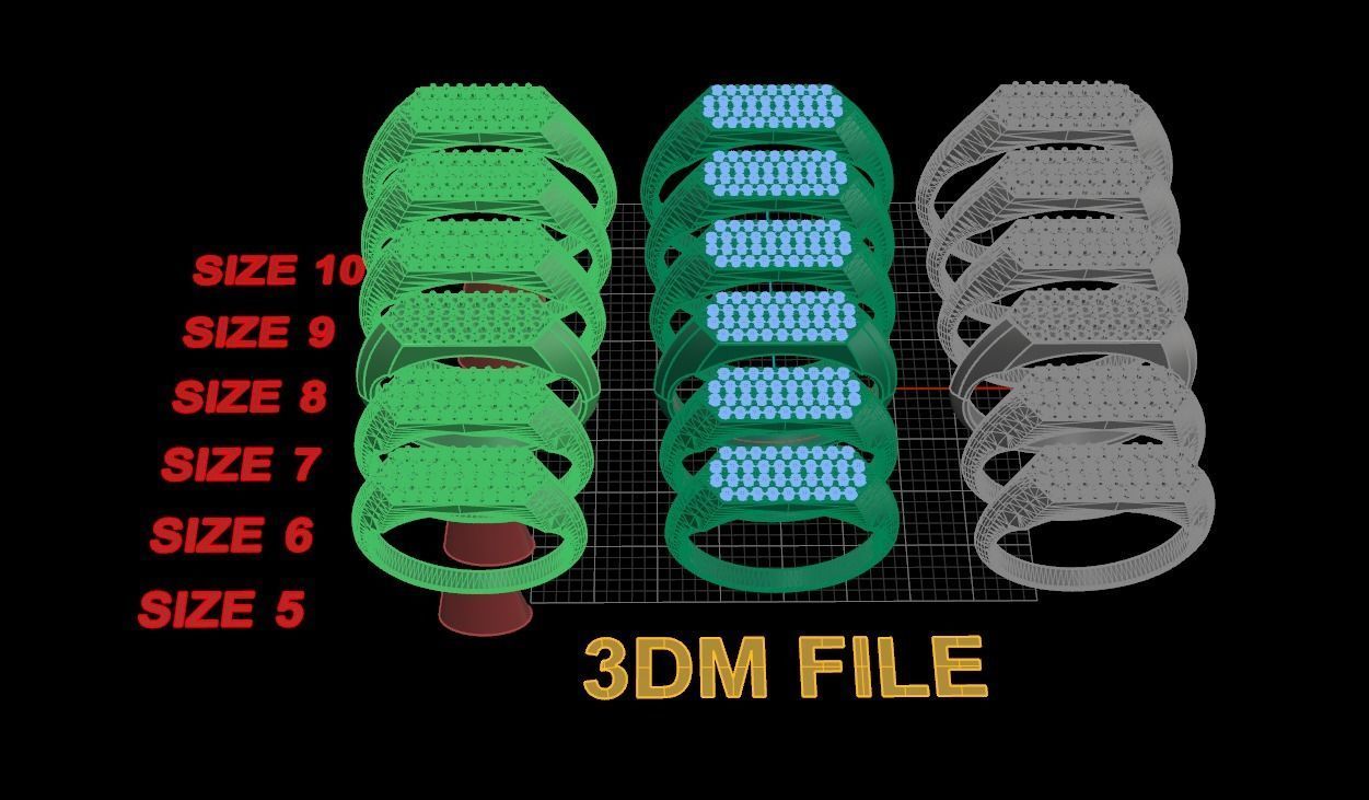 Narrow Bar Hexagon Diamond Cluster Band Signet Ring Mix Size 3D print model_6