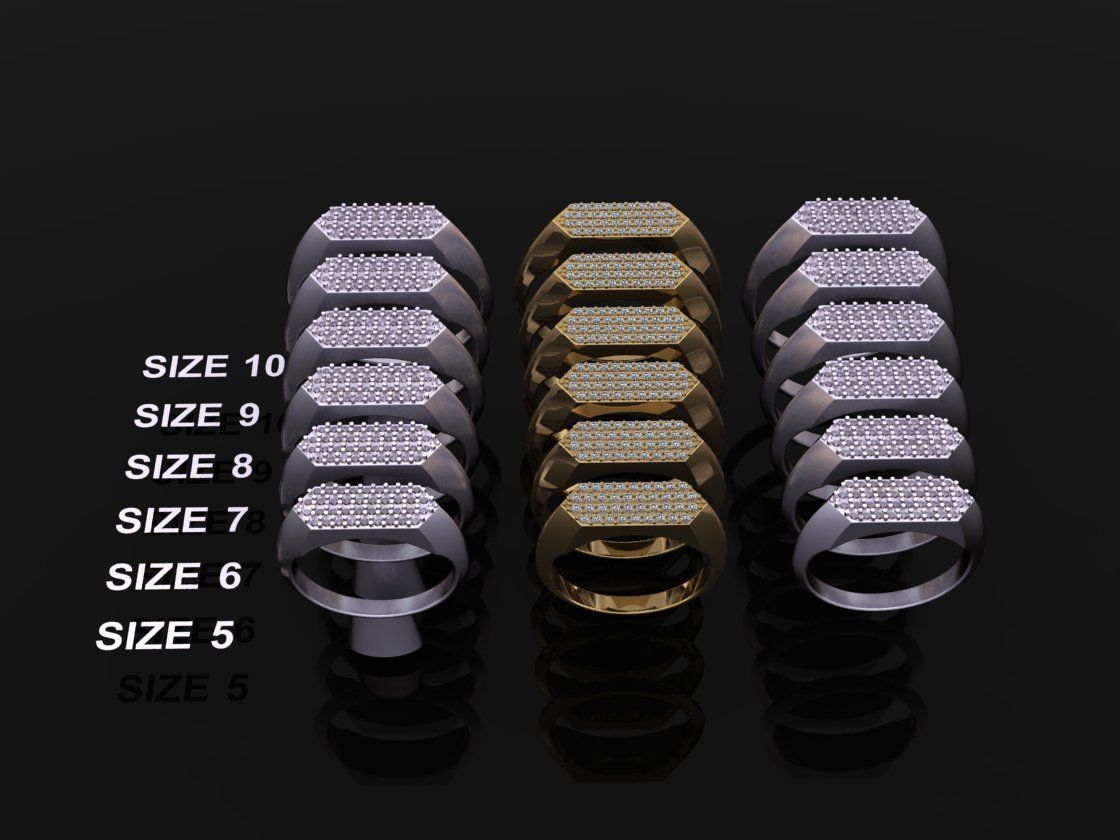 Narrow Bar Hexagon Diamond Cluster Band Signet Ring Mix Size 3D print model_1