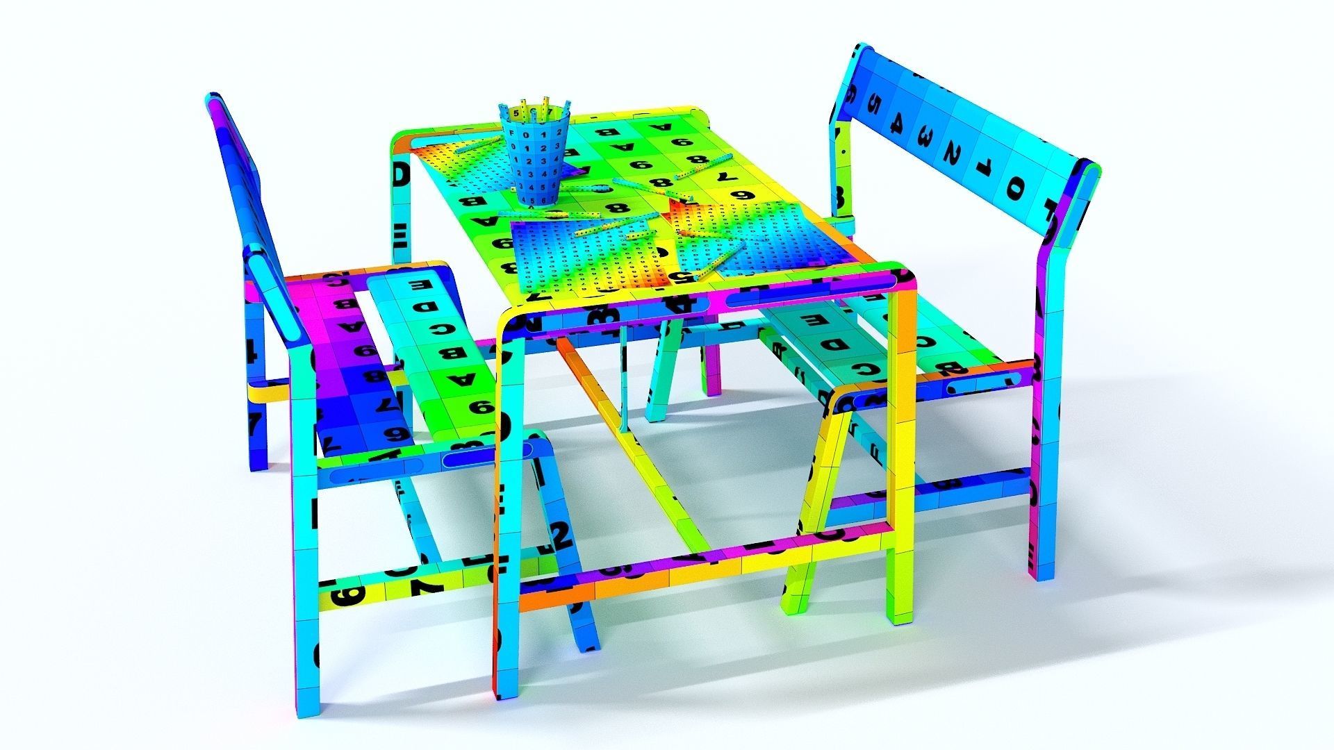 Children table with 2 benches 3D model_3