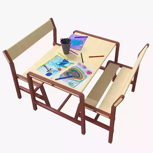 Children table with 2 benches 3D model