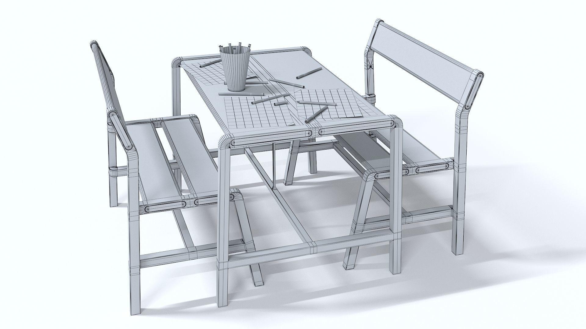 Children table with 2 benches 3D model_2