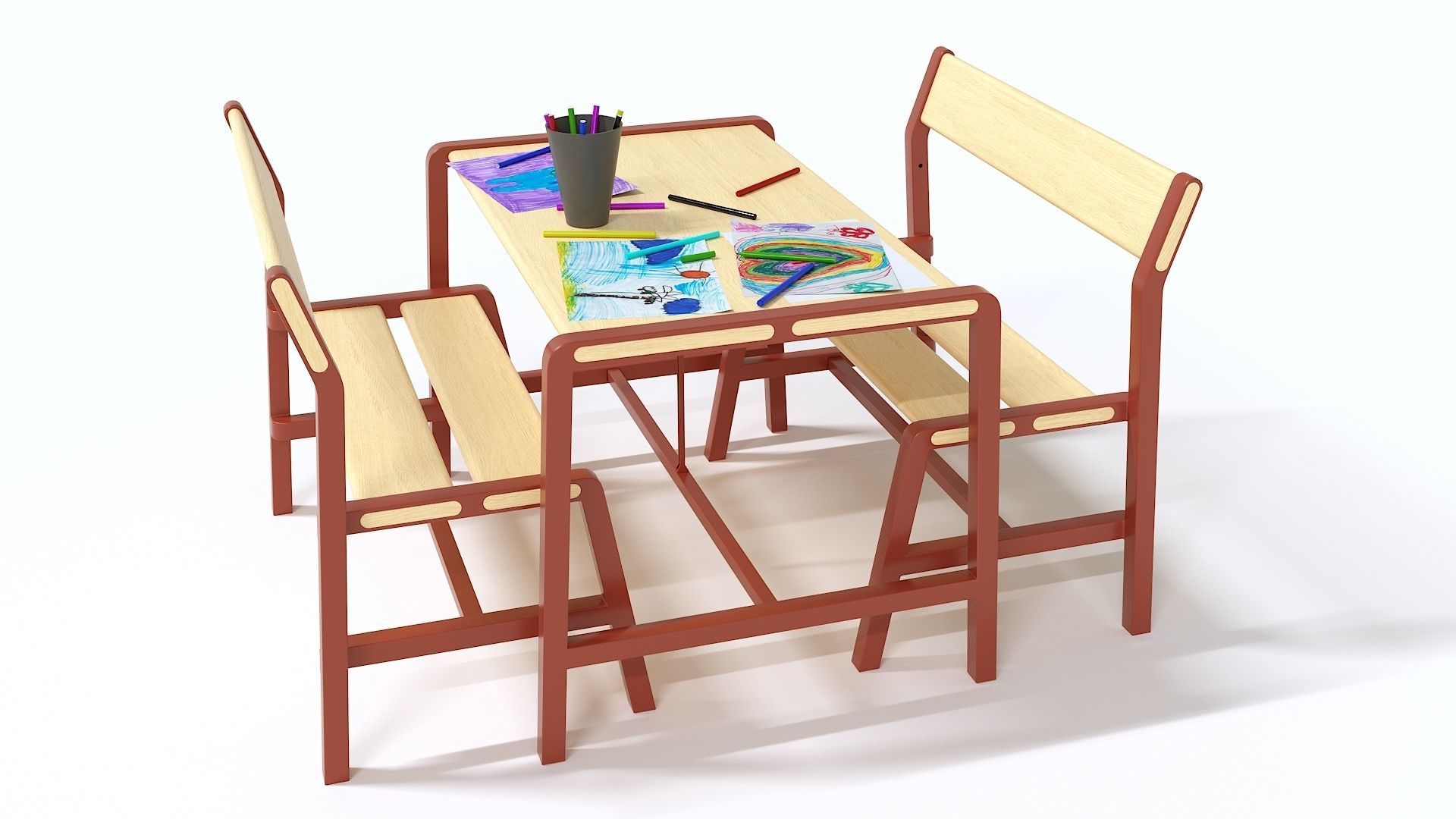 Children table with 2 benches 3D model_1