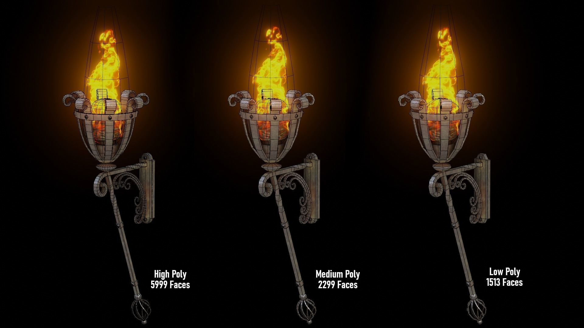 Medieval Iron Wall Torch - Game Ready Low-poly 3D model_11