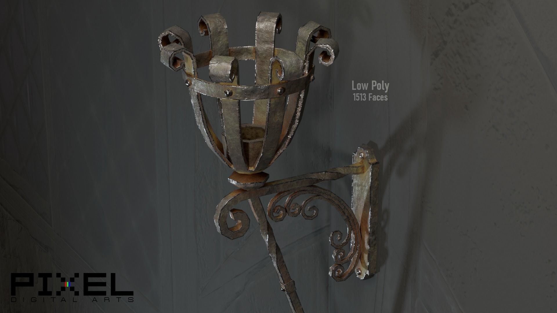 Medieval Iron Wall Torch - Game Ready Low-poly 3D model_10