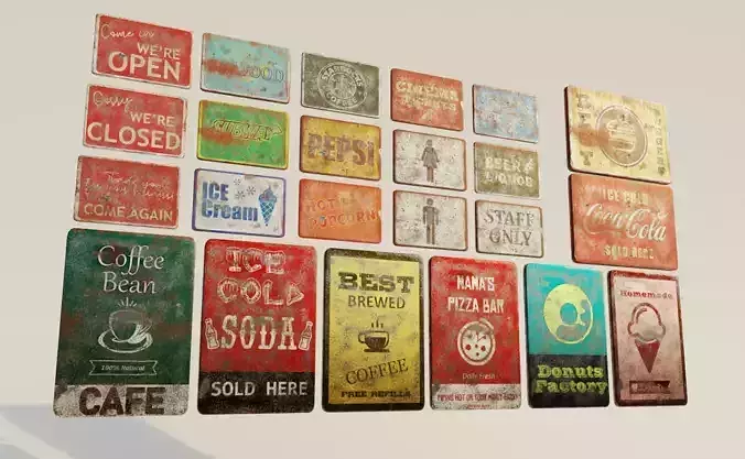 Old Metal Sign Set - Food Stores Low-poly 3D model