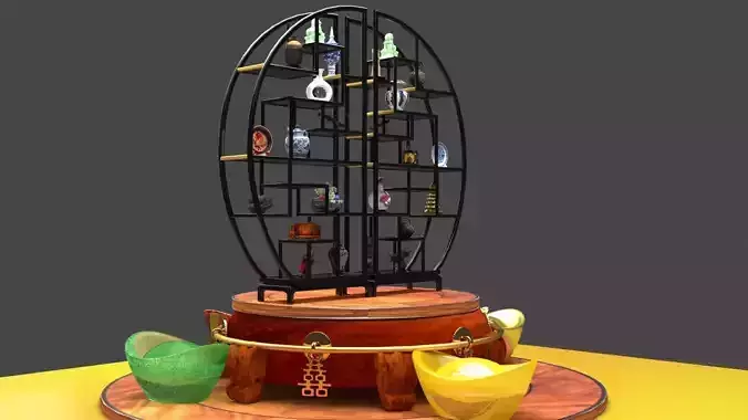 Chinese shelf with yuanbao and decorative sculpture