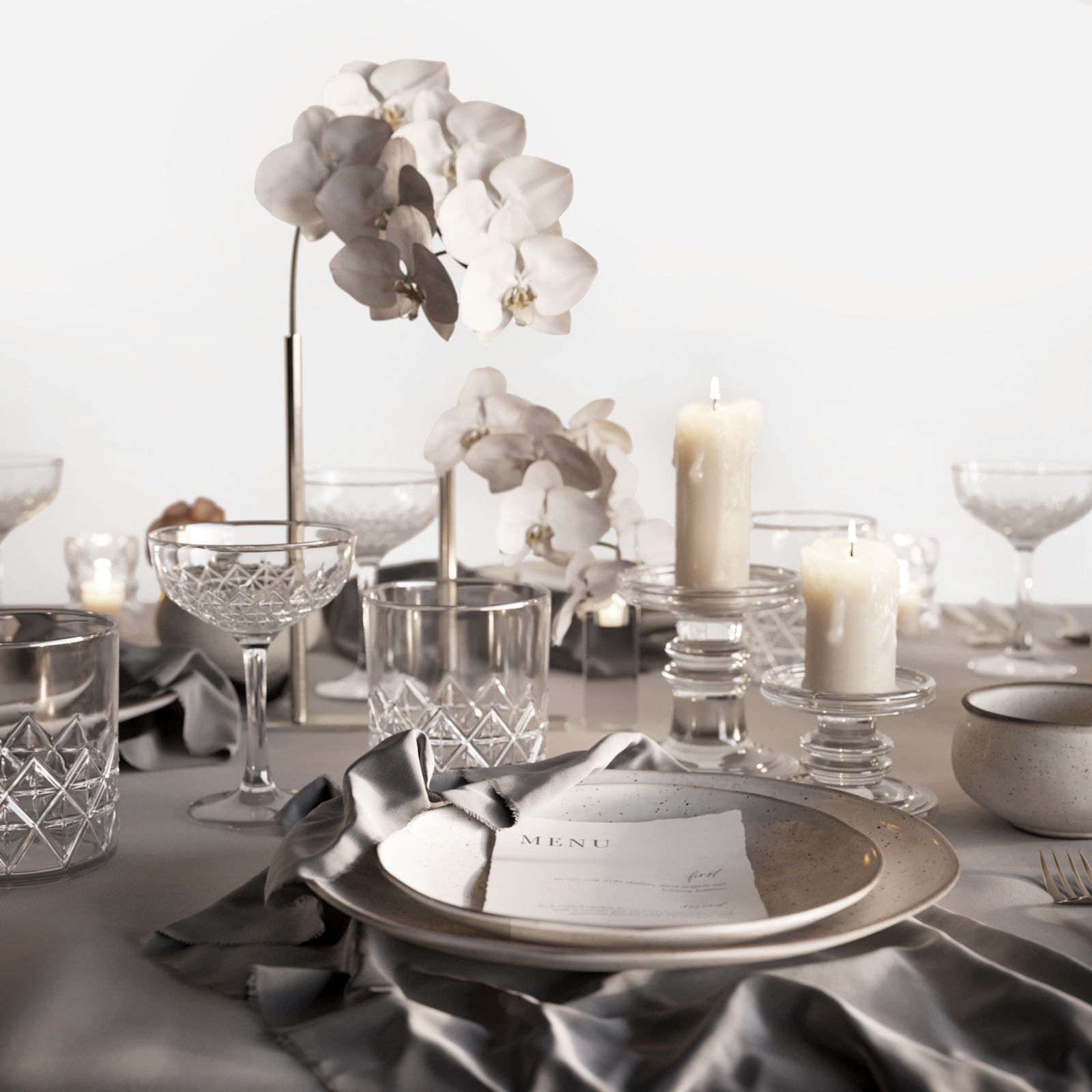 Tableware Set 3 3D model table with flowers and silverware 3D model_2