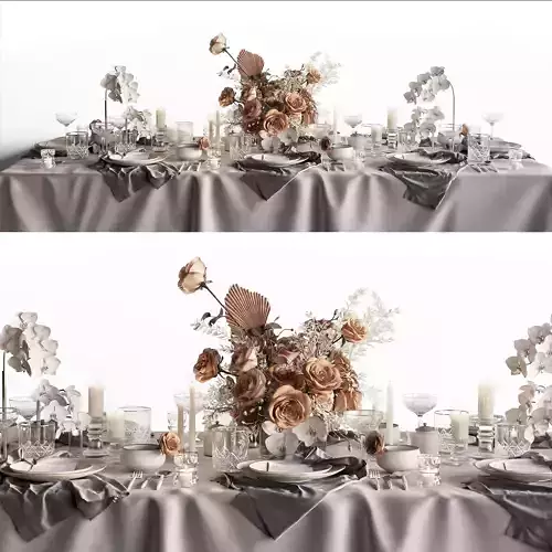 Tableware Set 3 3D model table with flowers and silverware 3D model