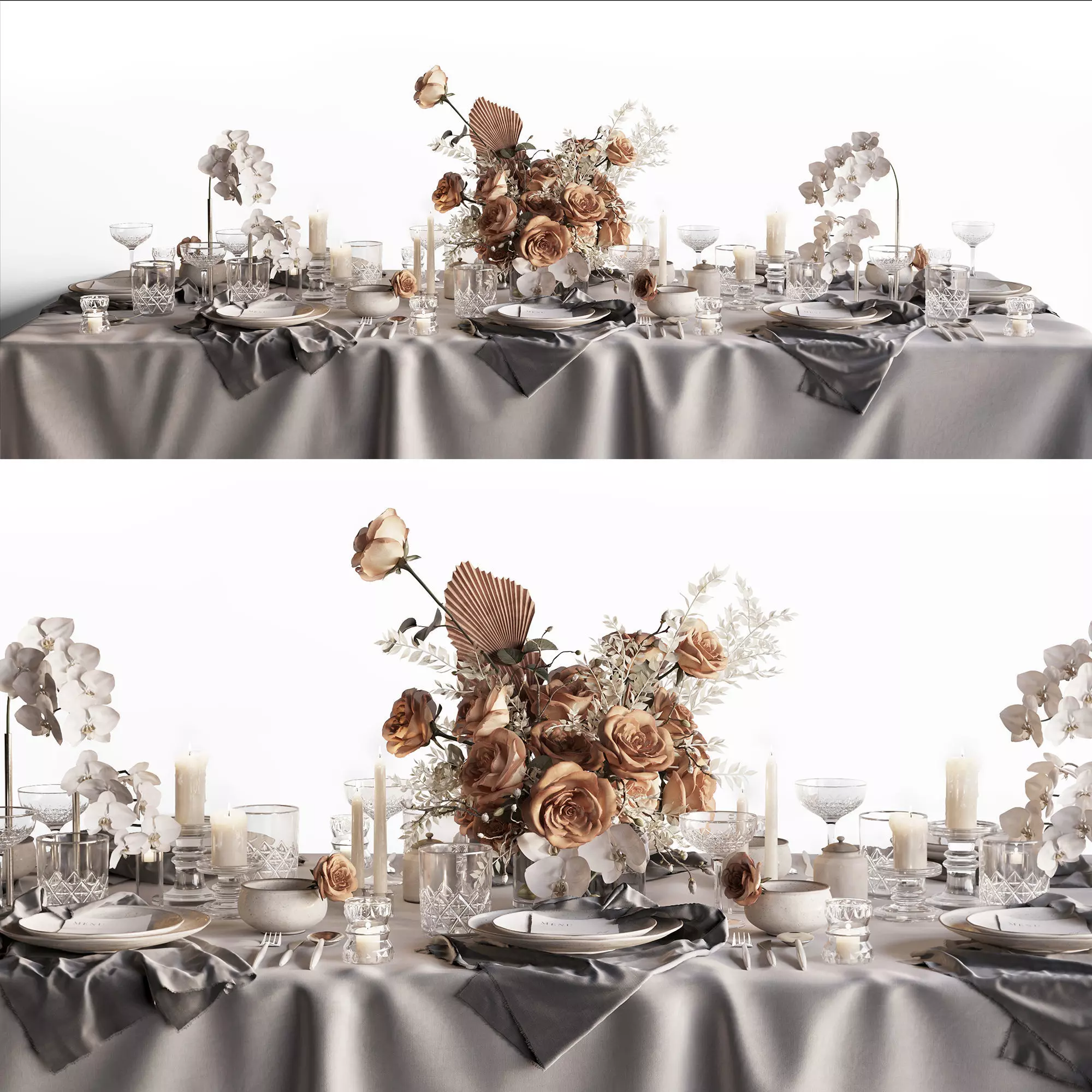 Tableware Set 3 3D model table with flowers and silverware 3D model_0