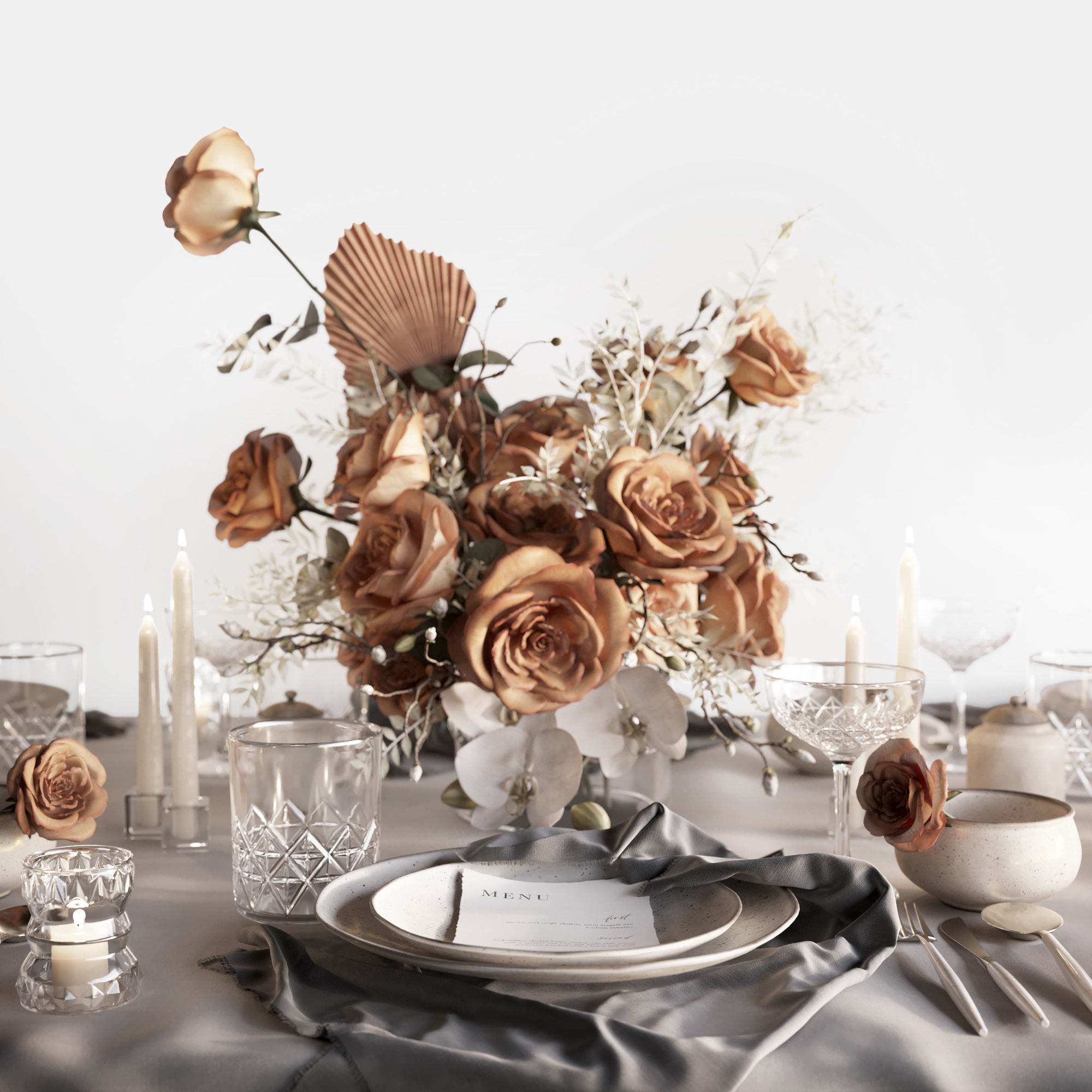 Tableware Set 3 3D model table with flowers and silverware 3D model_1