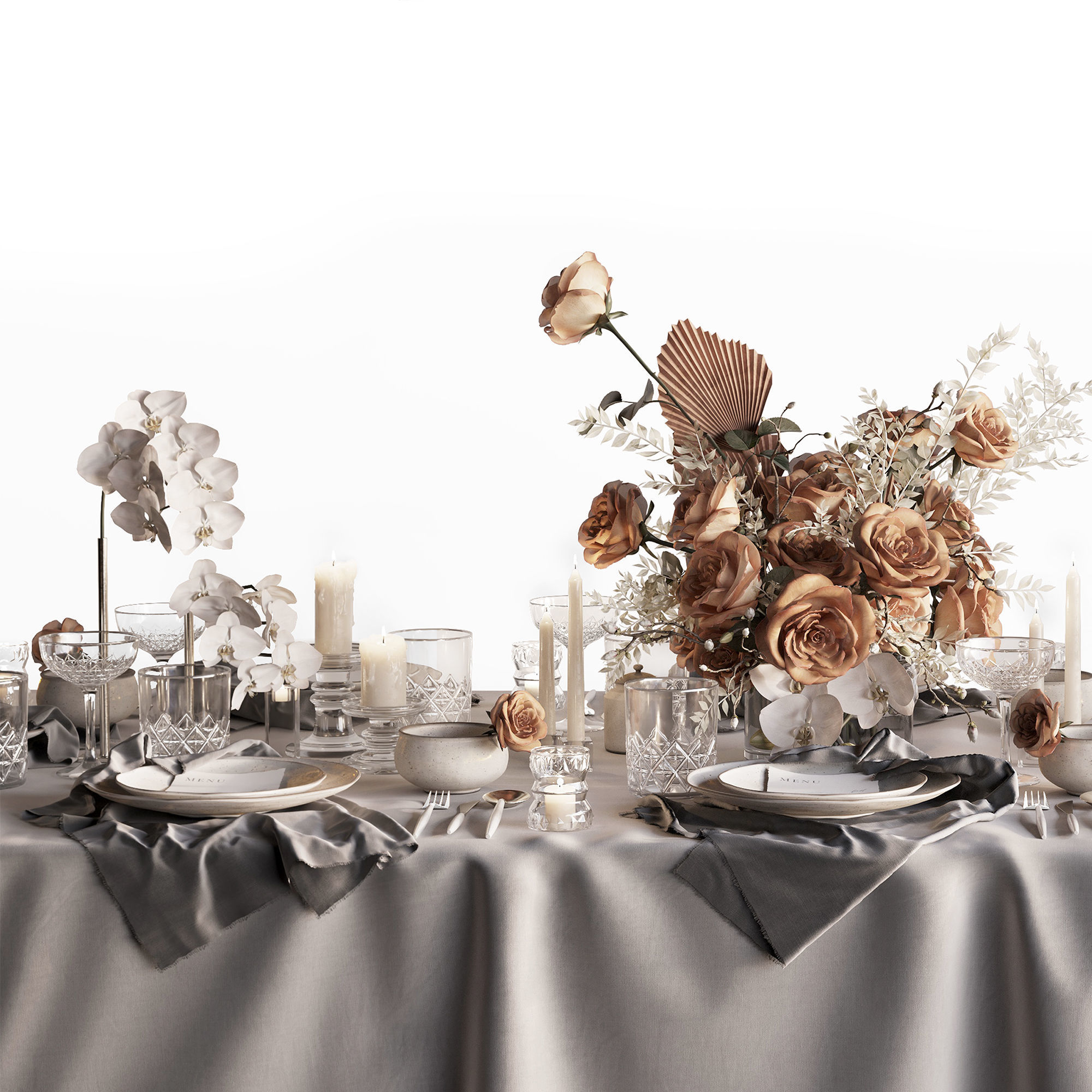 Tableware Set 3 3D model table with flowers and silverware 3D model_4