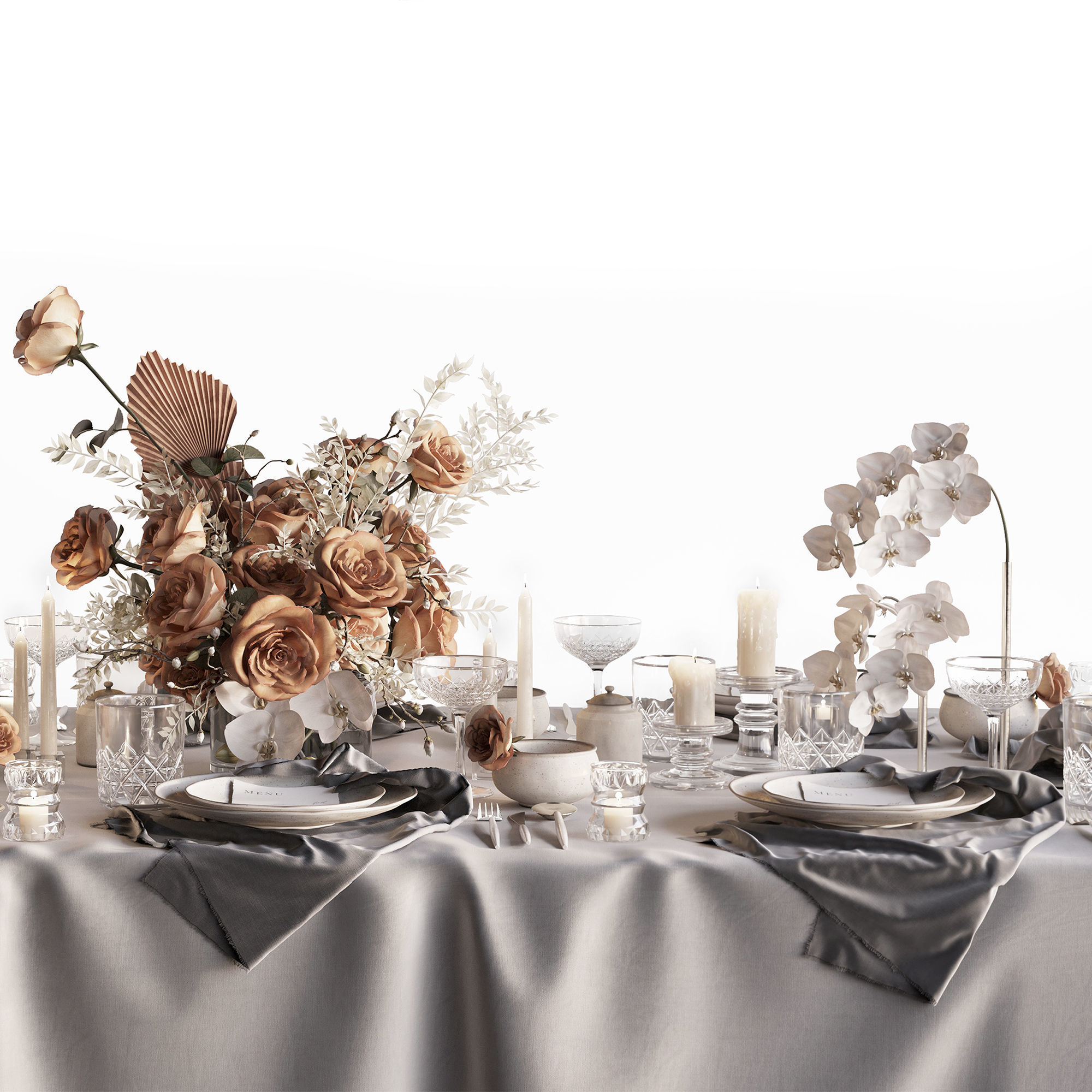 Tableware Set 3 3D model table with flowers and silverware 3D model_3
