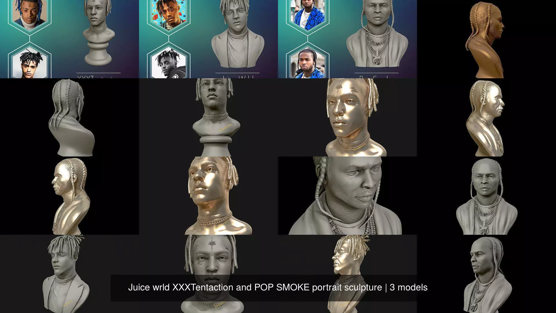 Juice wrld XXXTentaction and POP SMOKE portrait sculpture 3D Model Collection_3