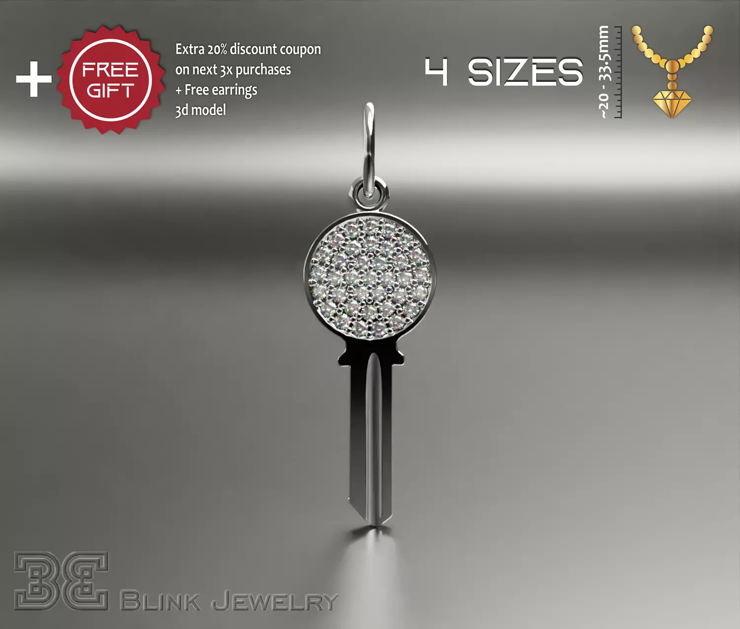 Diamond key from heart luxury necklace pendant 3D print model
