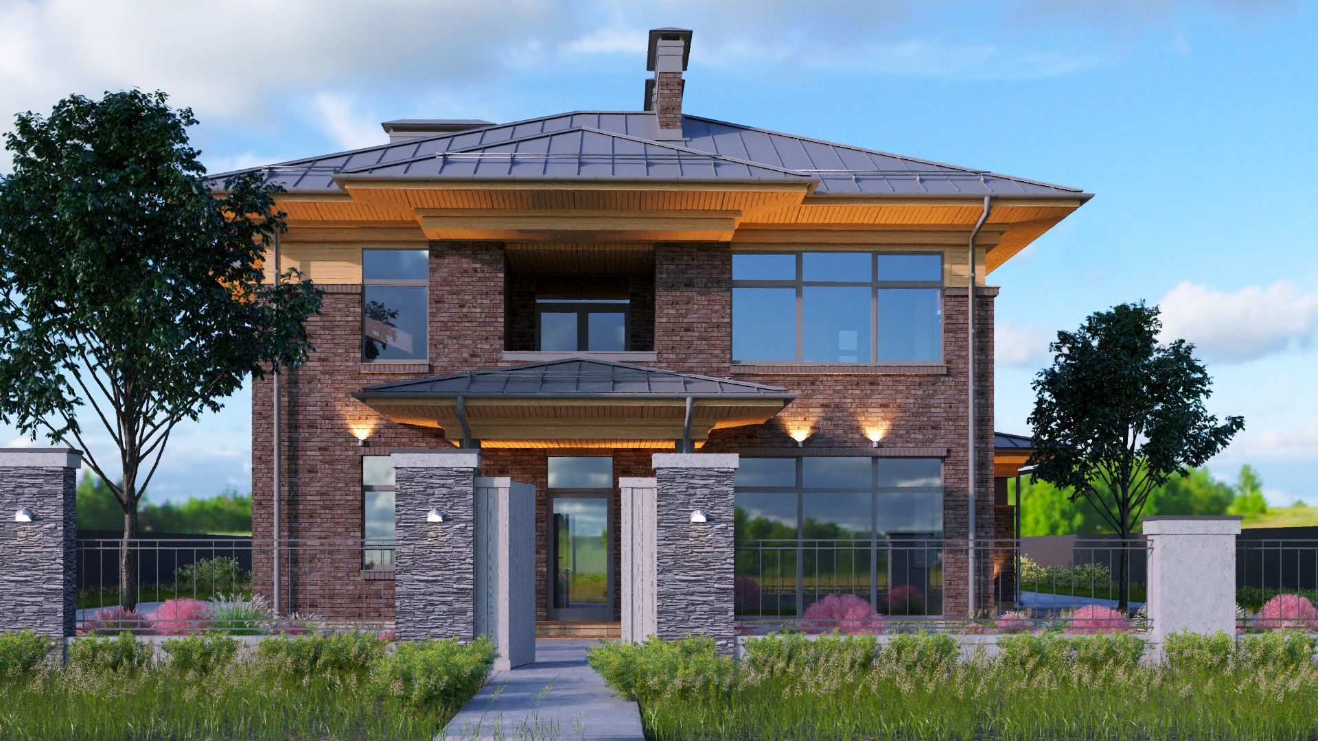 Brown Wright - style house with a raised roof 3D model_4