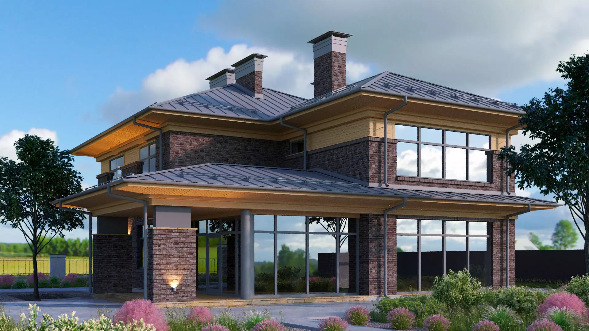 Brown Wright - style house with a raised roof 3D model_0