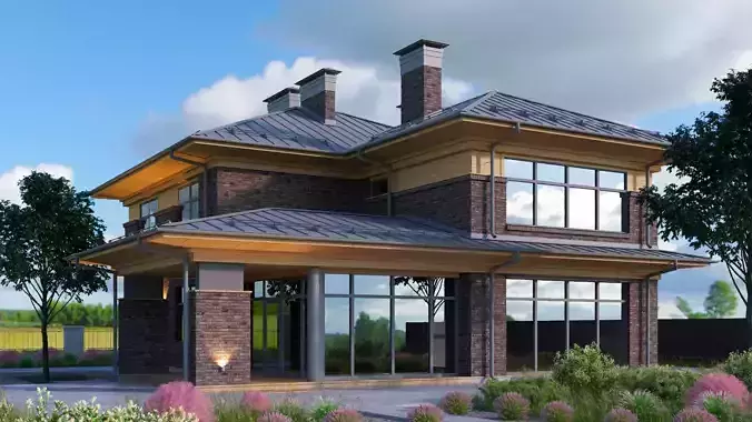 Brown Wright - style house with a raised roof