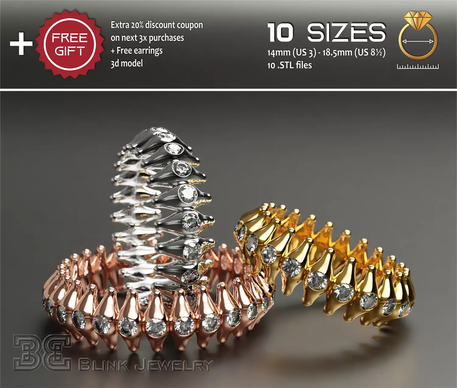 Eternity diamond unique ring printable wedding rings package 3D print model