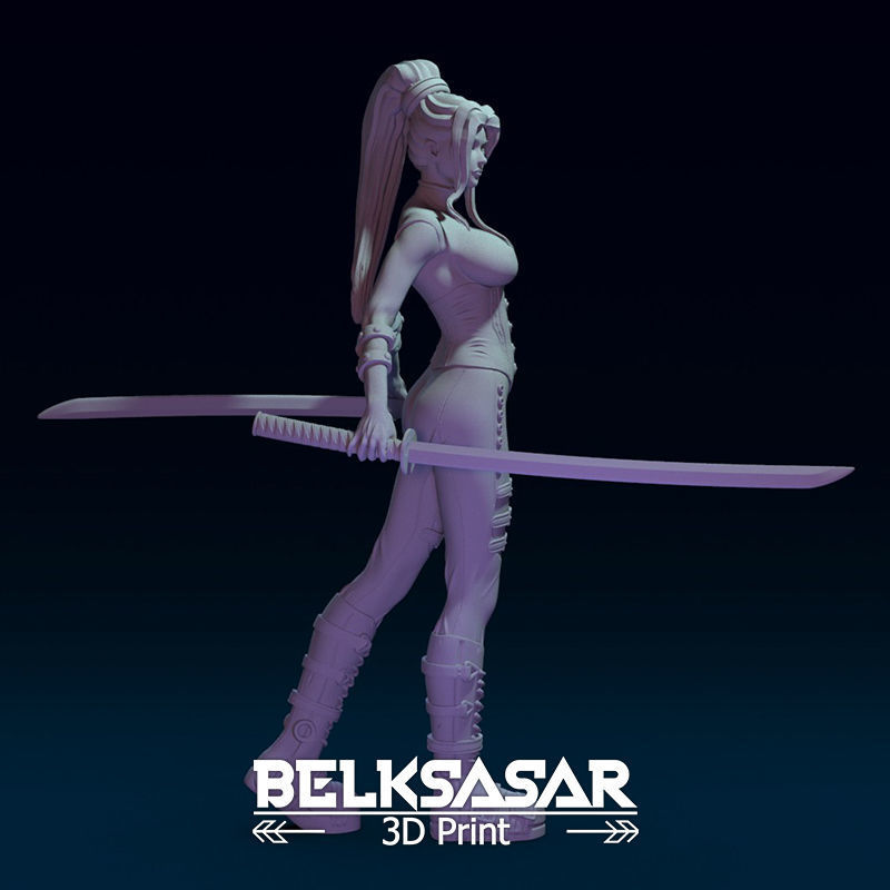 Girl Assassin with Katana in dynamic pose - two versions 3D print model_20