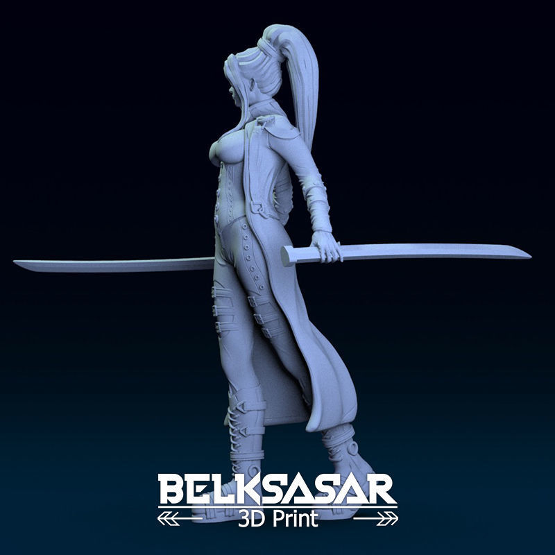 Girl Assassin with Katana in dynamic pose - two versions 3D print model_3