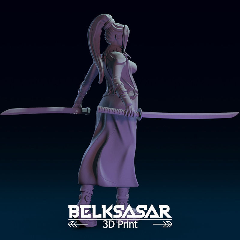 Girl Assassin with Katana in dynamic pose - two versions 3D print model_6