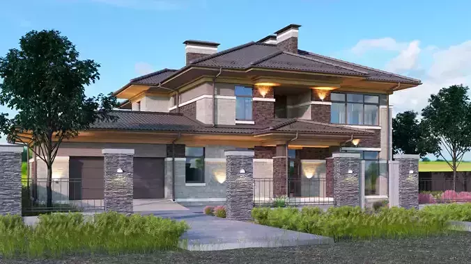 Wright-style apartment building with 2-car garage