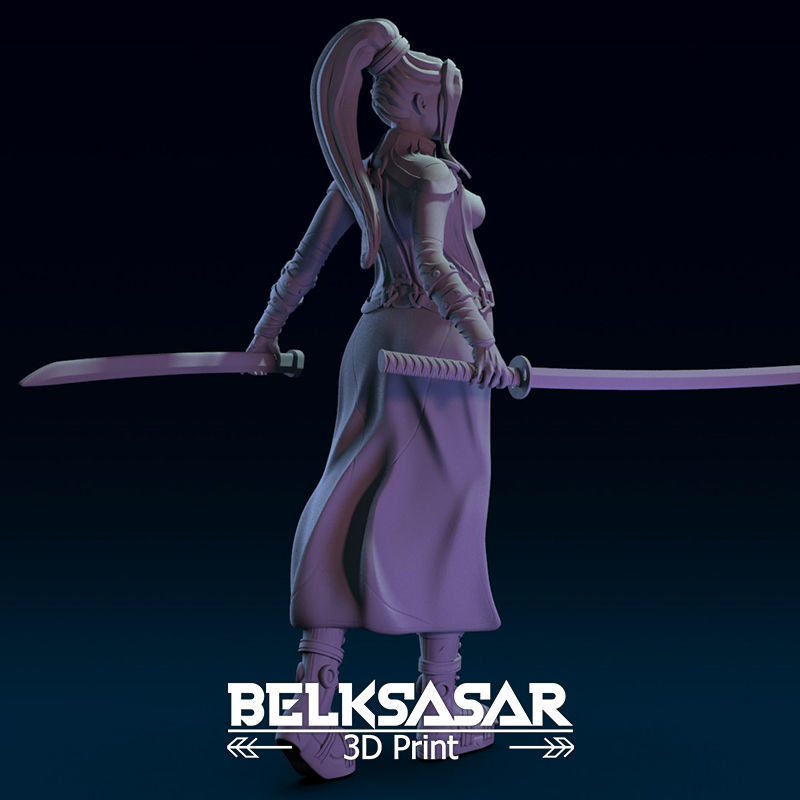 Girl Assassin with Katana in dynamic pose Topless - two versions 3D print model_1