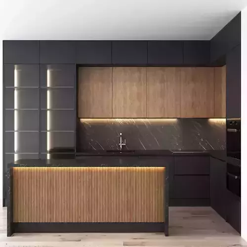 modern kitchen dark gray and wood