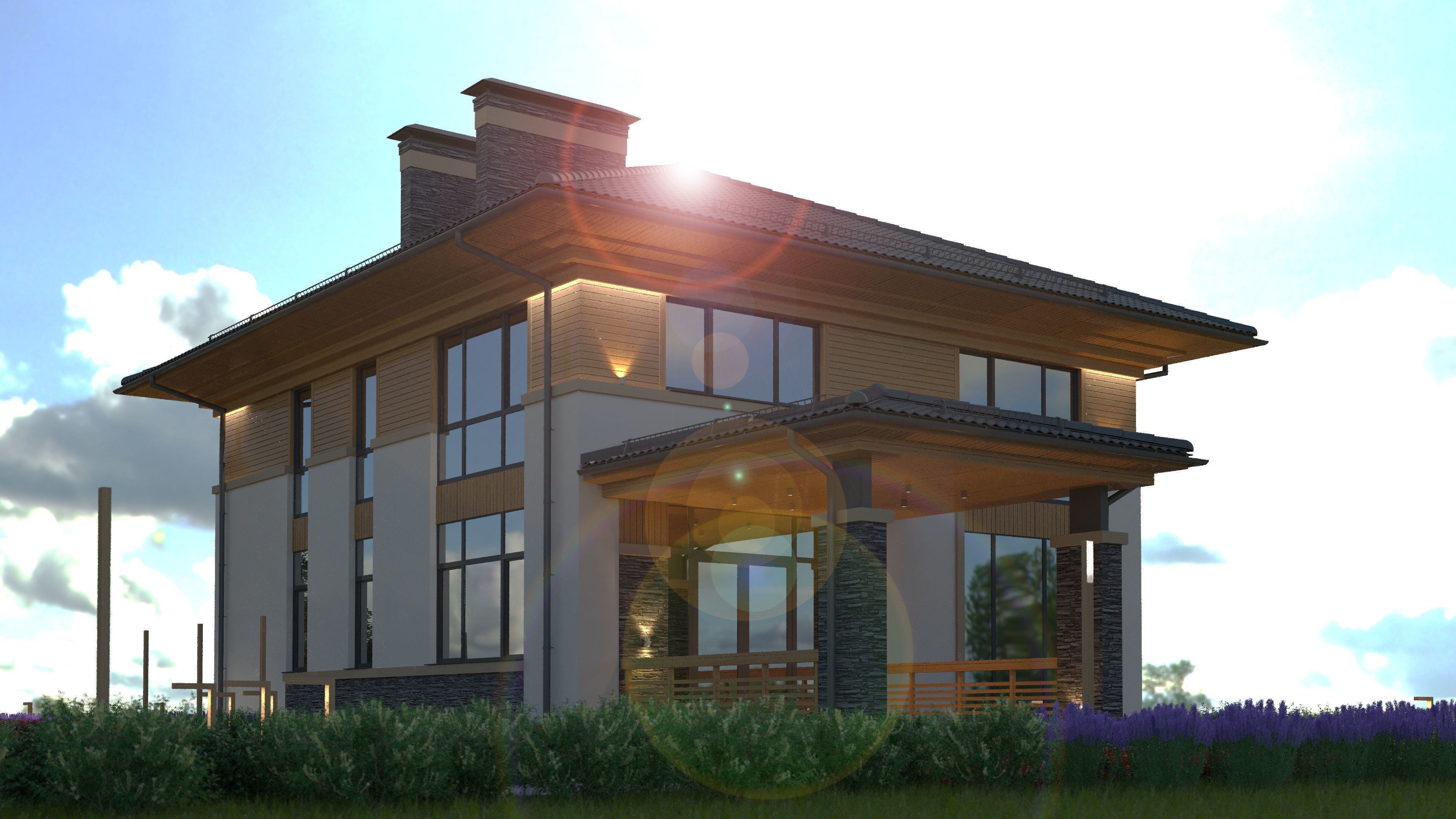 Model of a bright Wright-style house with a terrace 3D model_6