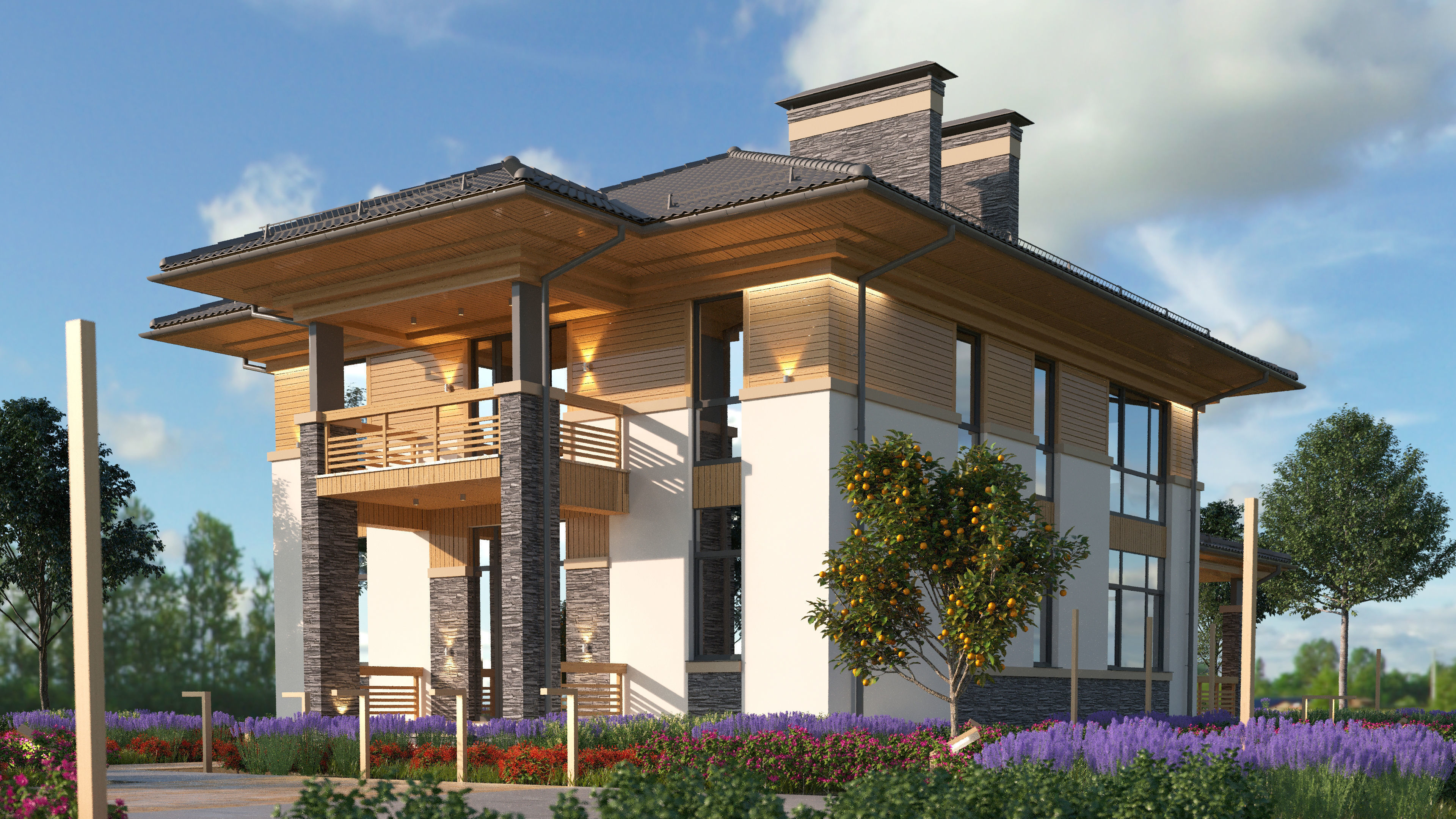 Model of a bright Wright-style house with a terrace 3D model_2