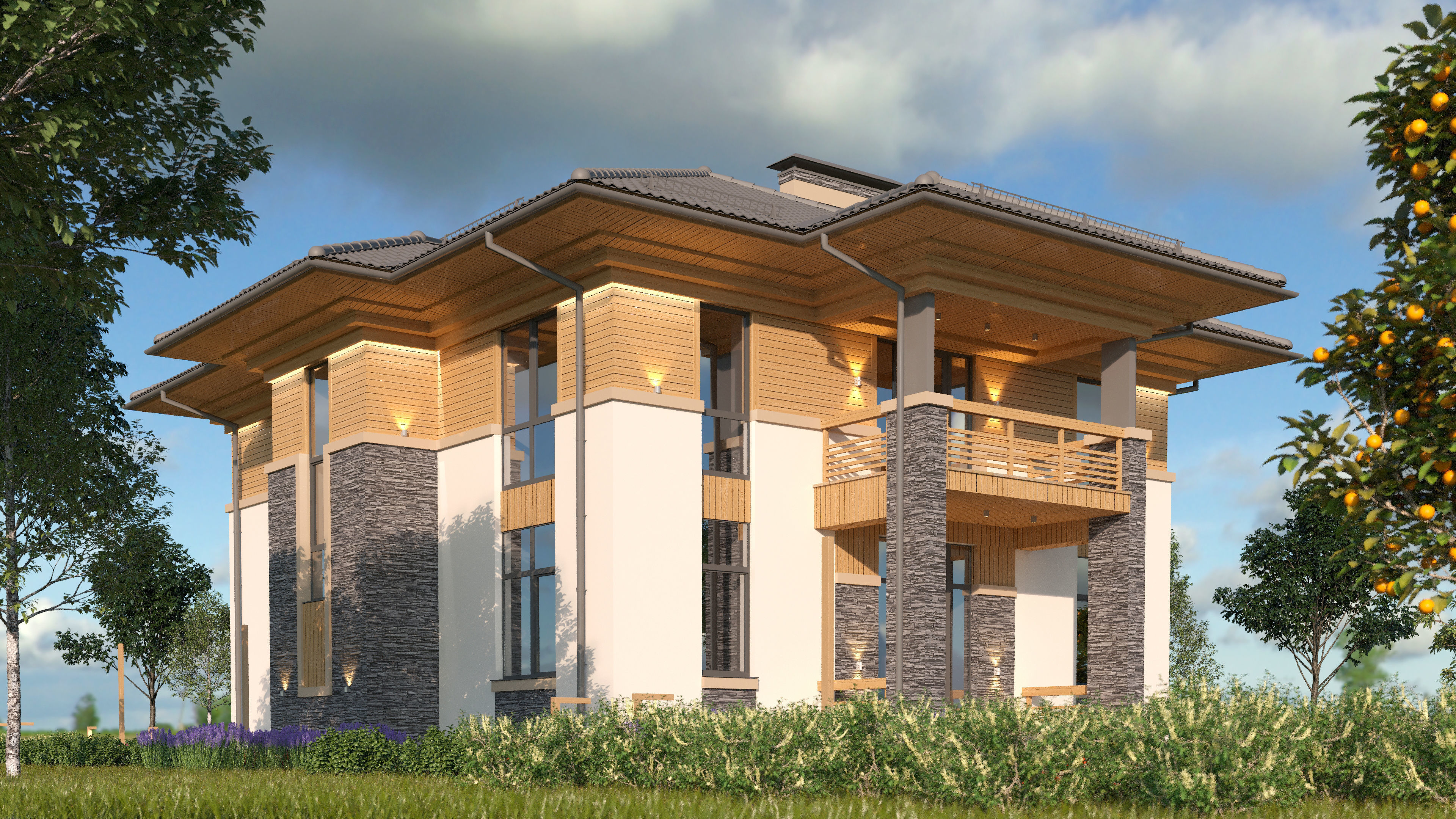 Model of a bright Wright-style house with a terrace 3D model_4