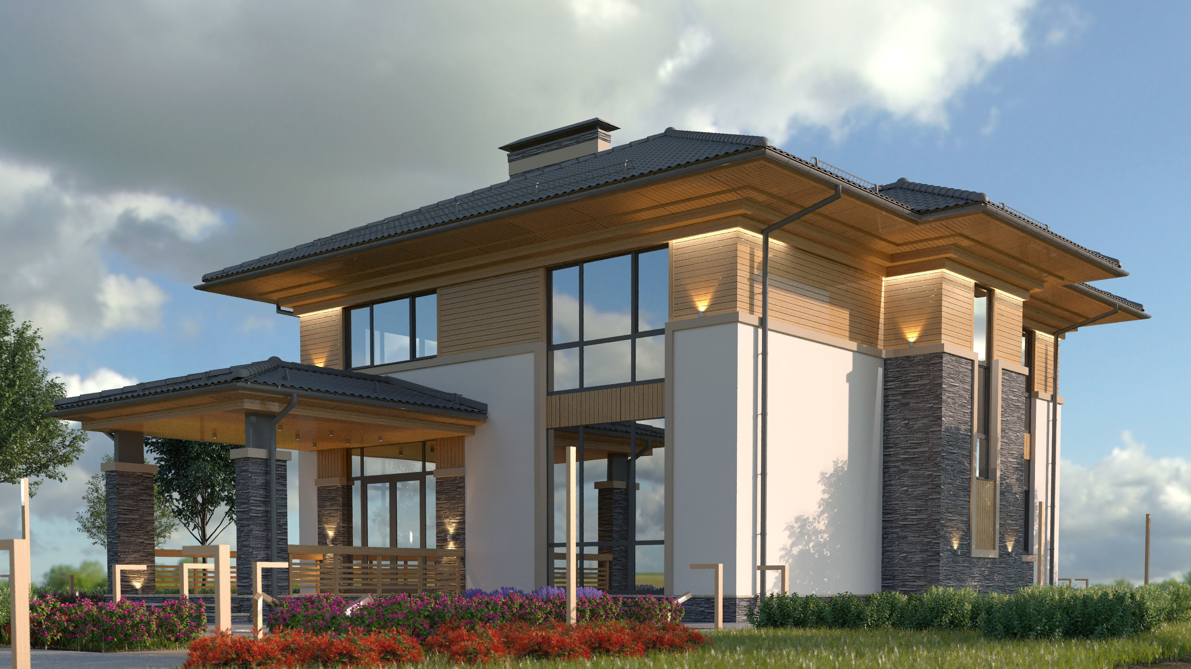 Model of a bright Wright-style house with a terrace 3D model_5